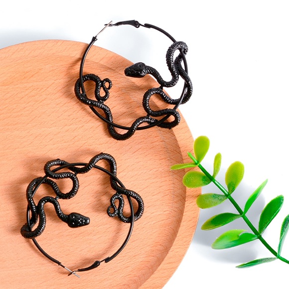 Any 2/$20! Black Coiled Serpent Hoop Earrings - Picture 2 of 10